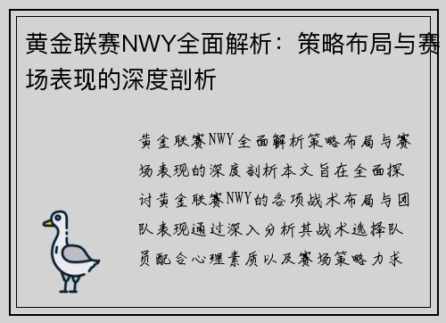 黄金联赛NWY全面解析：策略布局与赛场表现的深度剖析